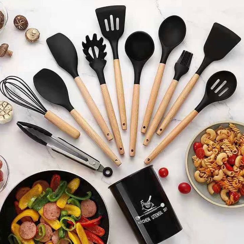 Jogo Kit C/12 Peças Utensílios de Cozinha Colheres Espatula Silicone Cabo  Madeira | Móvel de Cozinha Nunca Usado 78076556 | enjoei