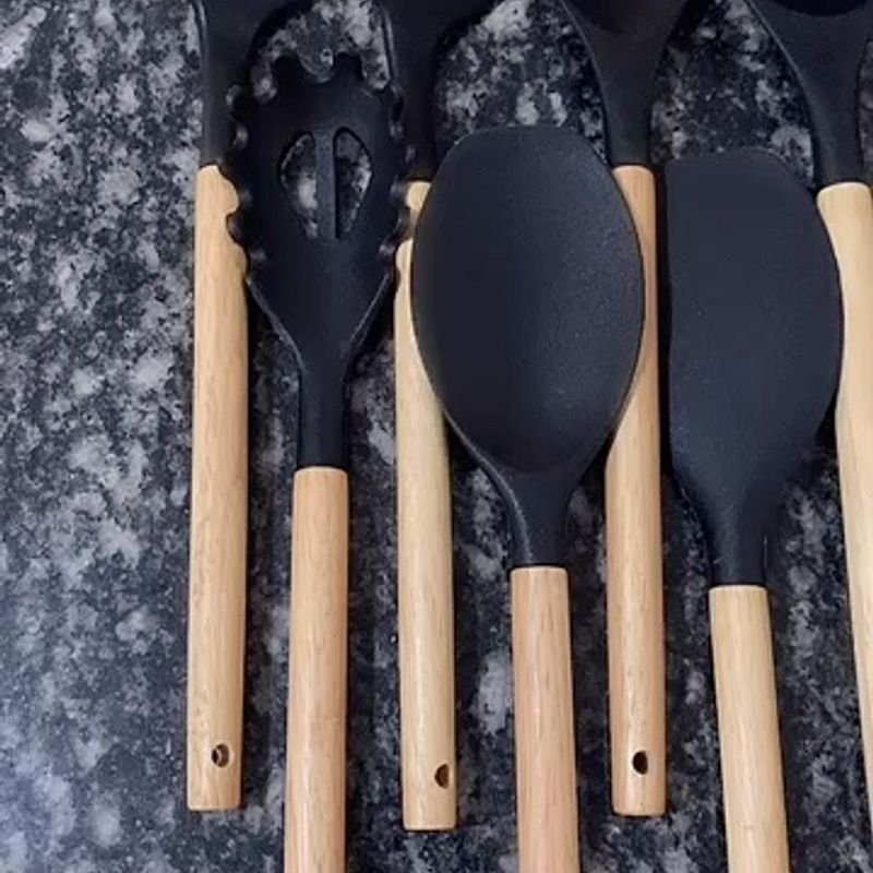 Jogo Utensílios de Cozinha em Silicone Madeira 12 Peças - Angélica Arte e  Luxo