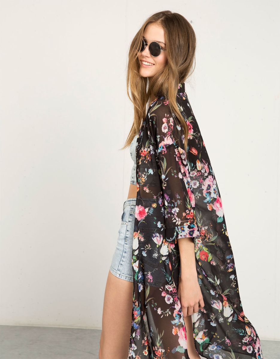 kimono feminino floral preto