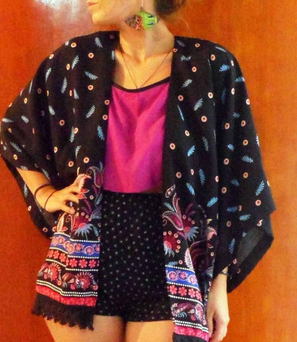 kimono feminino floral preto