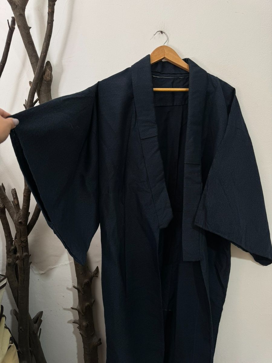 Kimono Japonês Vintage de Lã Azul Comprido | Vintage Usado