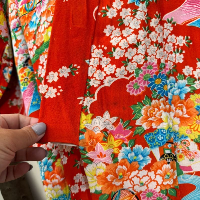 Kimono Japonês Vintage Vermelho Flores | Vintage Usado 107699787