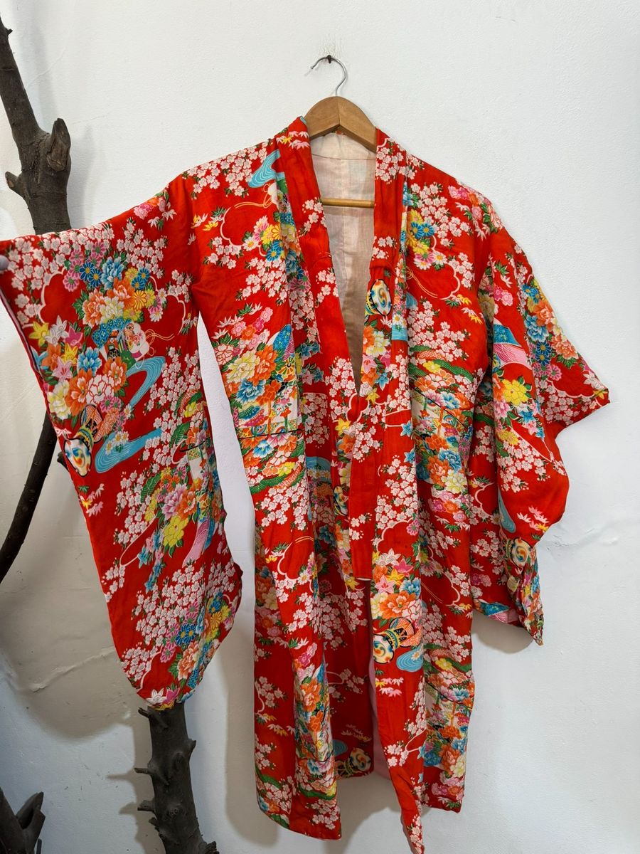 #2901 けもんが Kimono Japonês Vintage Vermelho Flores | Vintage Usado 107699787