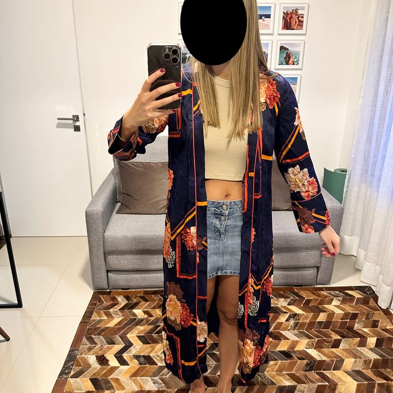 Kimono Longo Cetim Estampa Flor Casaco Feminino Usado 94170056 enjoei
