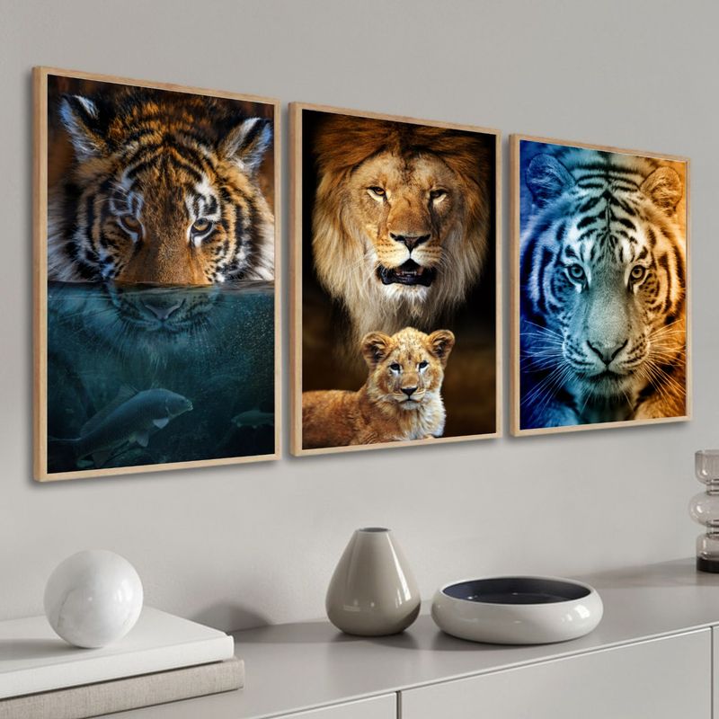 Quadros Decorativo Leão e Tigre 3D Kit com 2 Quadros