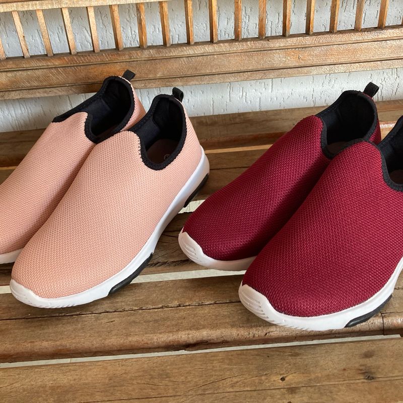 Kit Dois Tênis Meia Feminino Slip On sem Cadarço Vinho Salmão