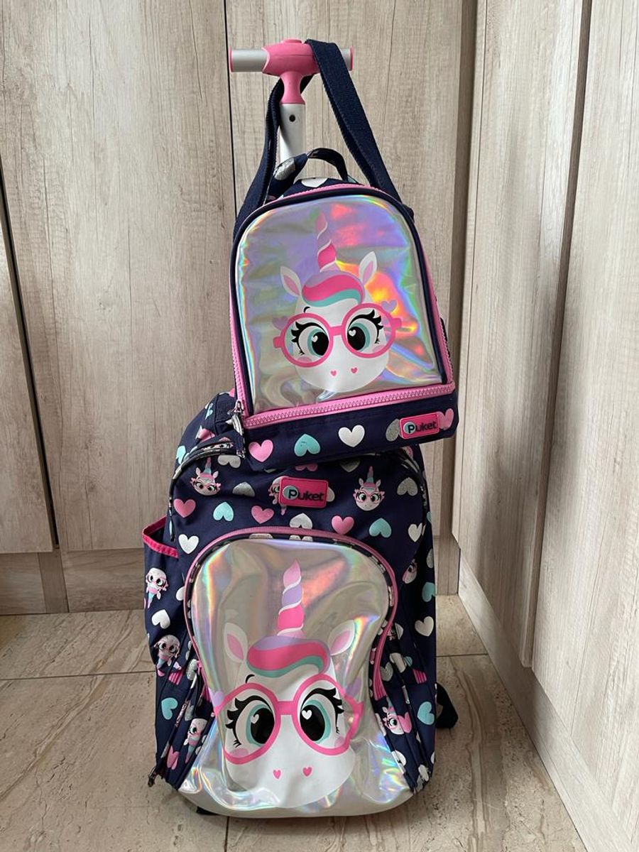 Kit Escolar Mochila com Rodinha Lancheira Unicornio Brinquedo