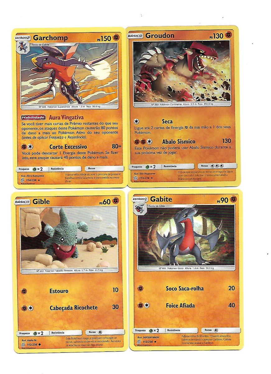 Kit Lutador Cartas Pokémon: Groudon Foil e Garchomp, Gabite e Gible, Jogo  de Tabuleiro Copag Nunca Usado 55413768