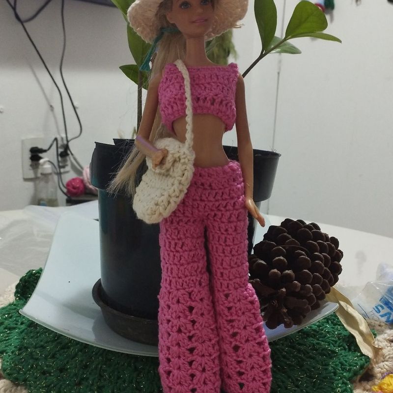 Roupa Barbie Moda Crochê Kit Vestido + Chapéu + Bolsa