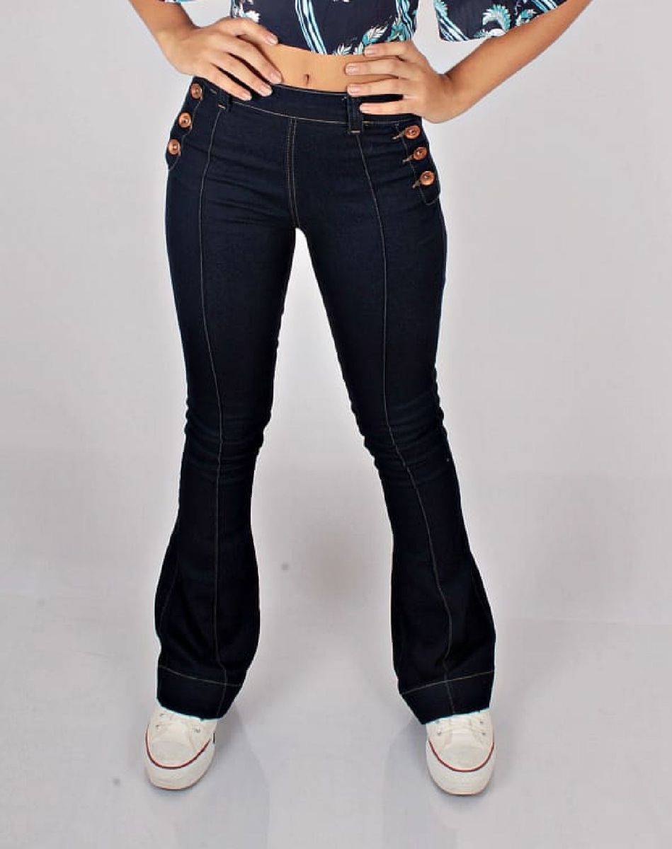 calca jeans com botoes na frente