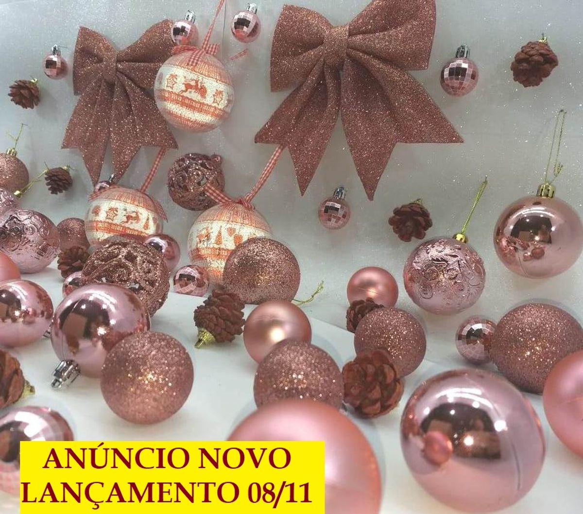 Conjunto Rose Gold Decoração Árvore Natal Bolas Pinhas