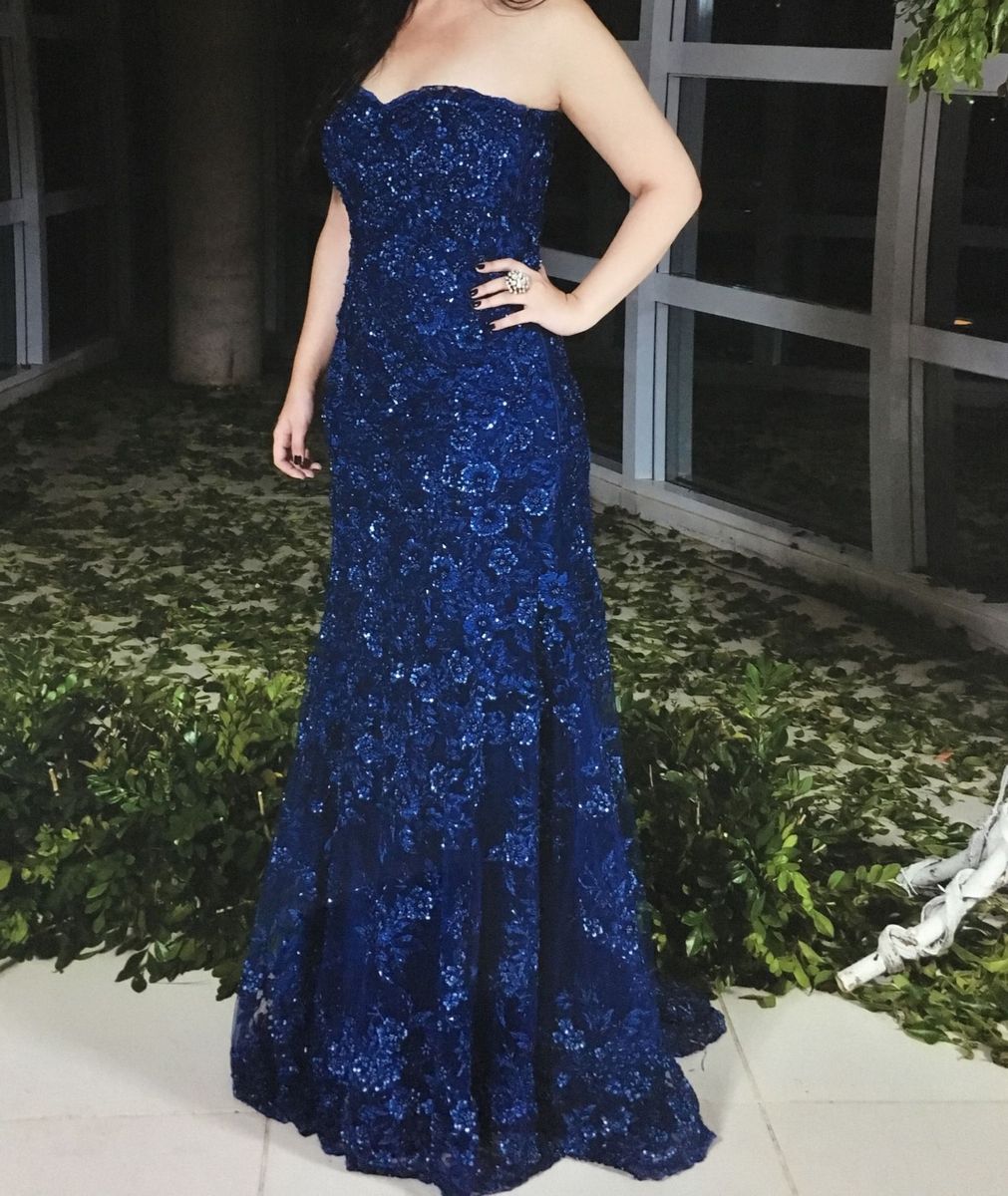 vestido longo renda azul marinho