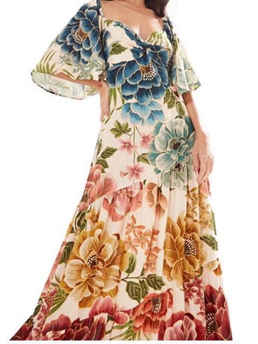 vestido midi estampado com babado na barra