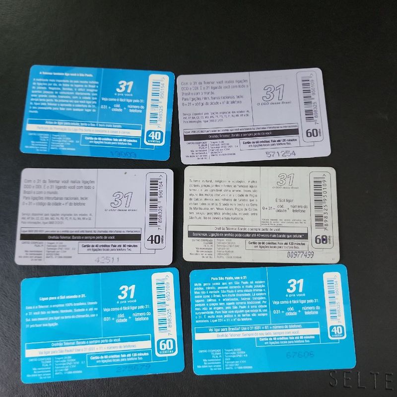 Cartões Telefônicos - Lote 6 cartões DDD 31 Telemar.