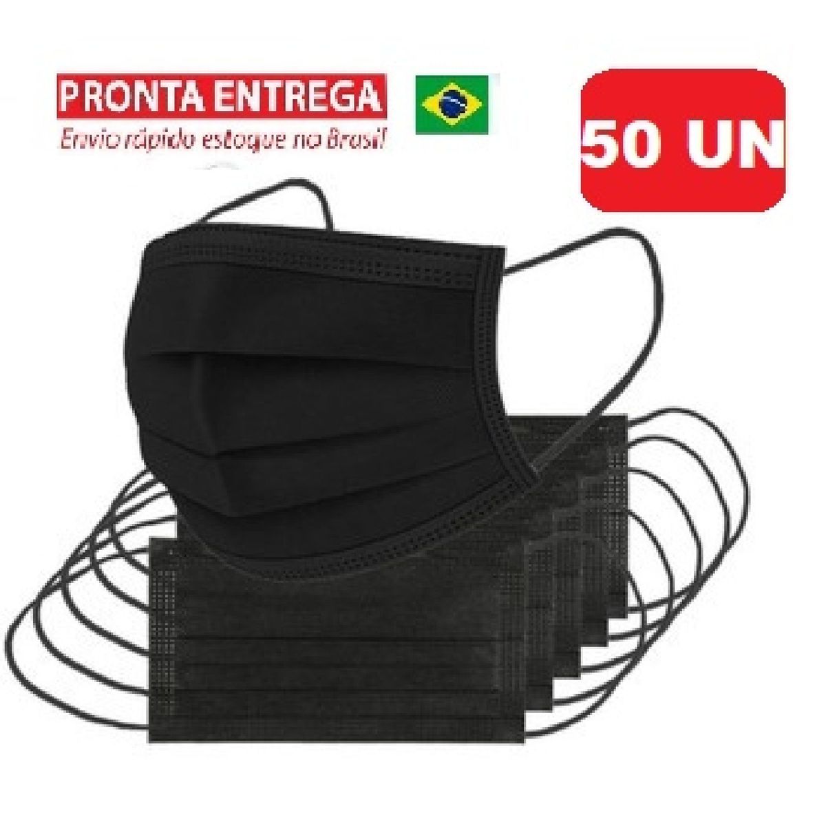 Máscara Descartável Preta de Proteção Facial Tripla Embalagem com 50