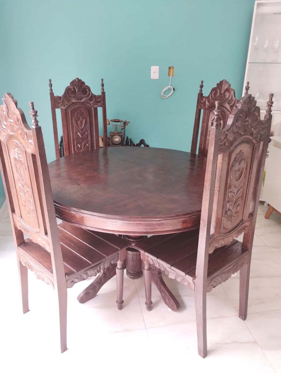 Mesa de Jantar Redonda em Madeira Maciça Estilo Vintage Antiga com 6 ...