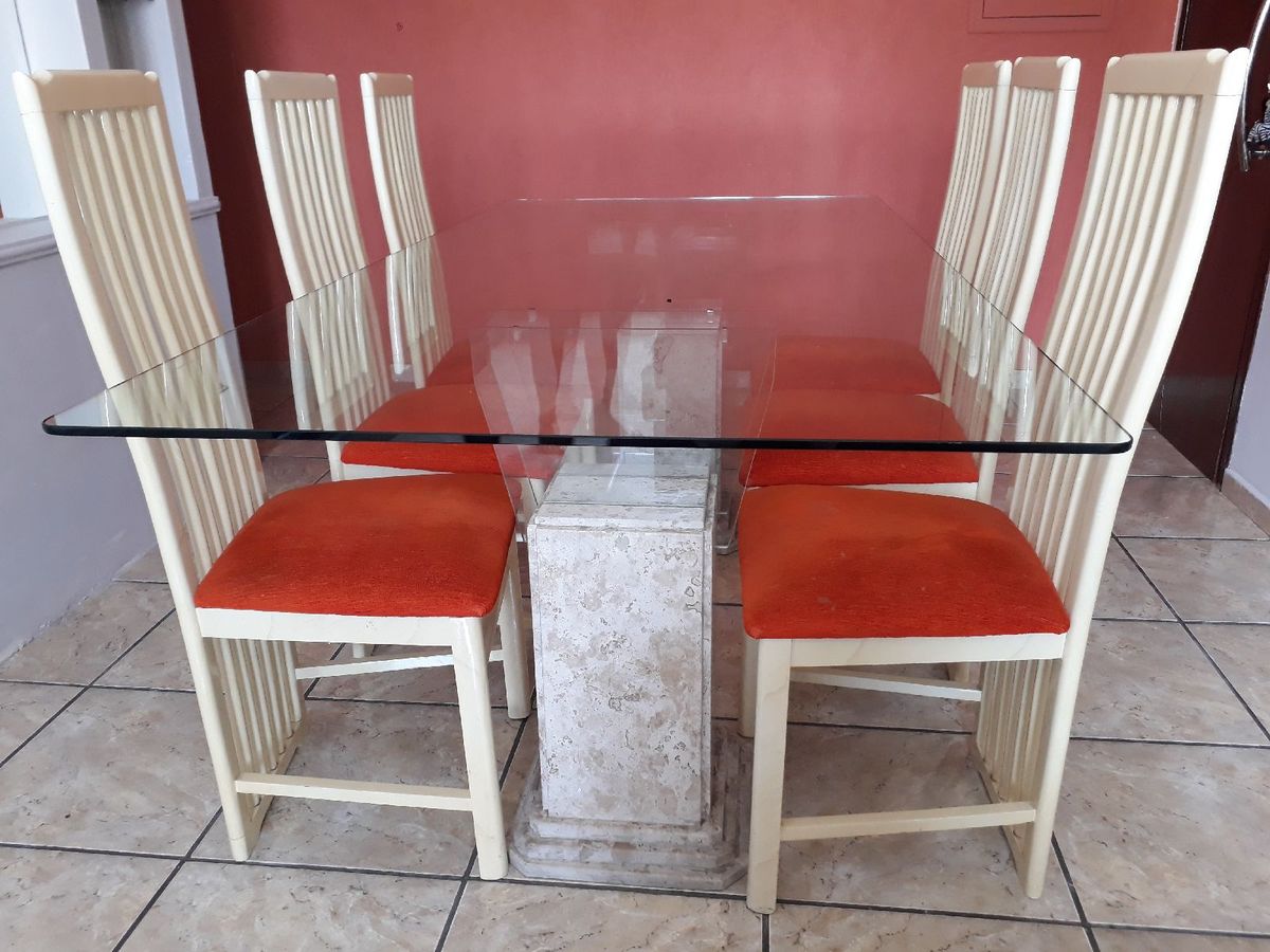 Mesa de Vidro com Base Mármore + 6 Cadeiras | Mesa Usado 32065798 | enjoei