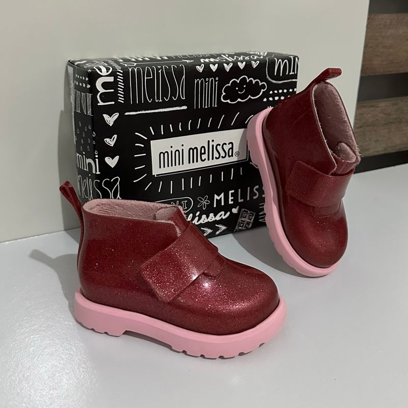Mini Melissa Apeluciada Térmica Bota Botinha Rosa Glitter Chelsea