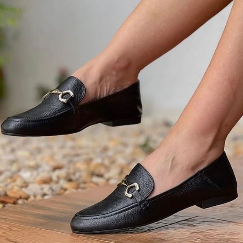 Mocassim Arezzo Loafer Preto Couro Leg timo Brid o Dourado