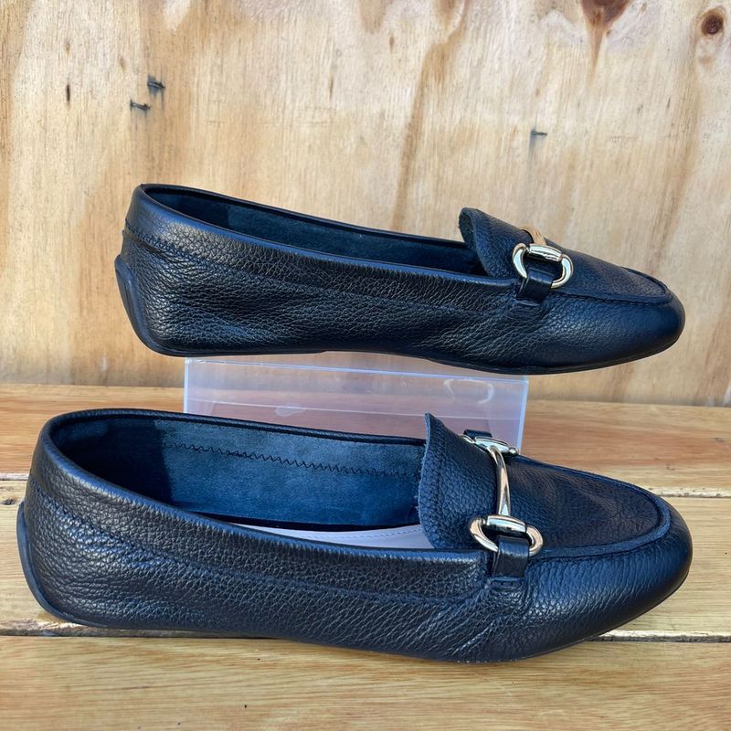 Mocassim Preto Couro 35 Bico Redondo Brid o Arezzo Sapato