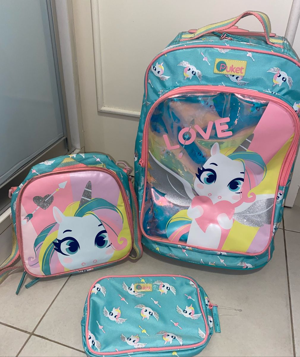 Mochila De Rodinhas Lancheira E Estojo Unicornio Puket Item Infantil