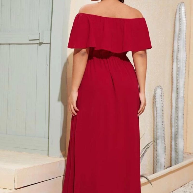 Moda Plus Size Vestido Plus Longo com Fenda Casamento Convidada