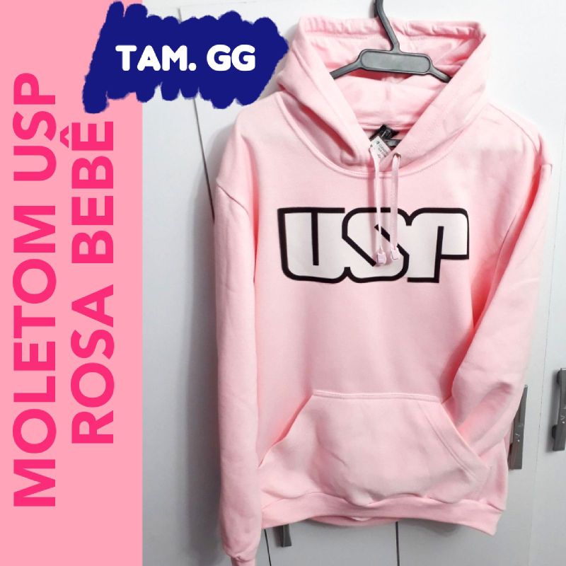 Blusa Moletom Cangurú Rosa Bordado USP em Preto - Us Papel Artigos