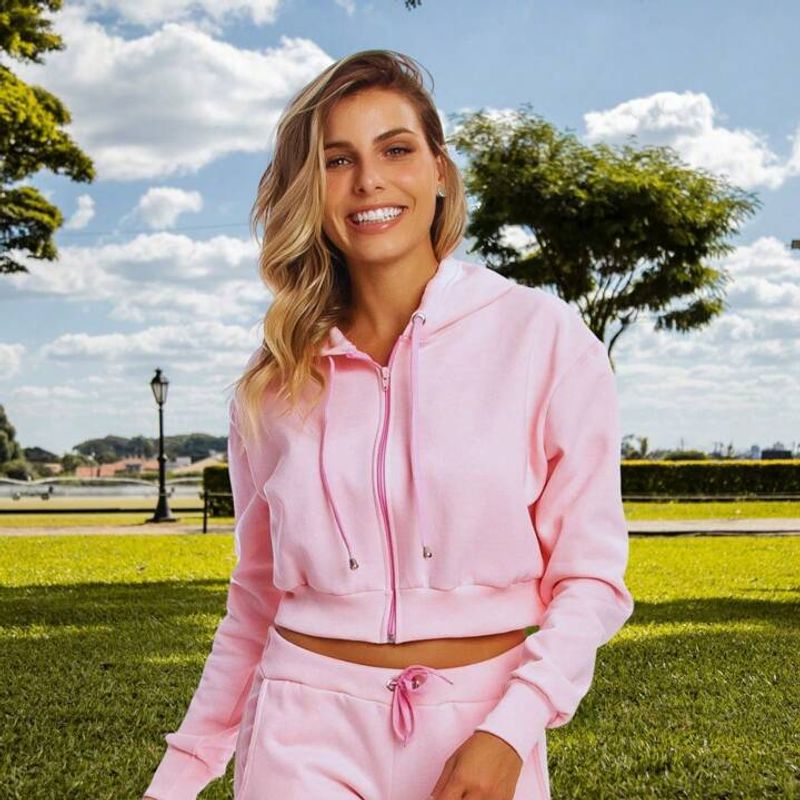 Cropped Conjunto De Moletom Feminino Rosa Blusa Feminina Moletom