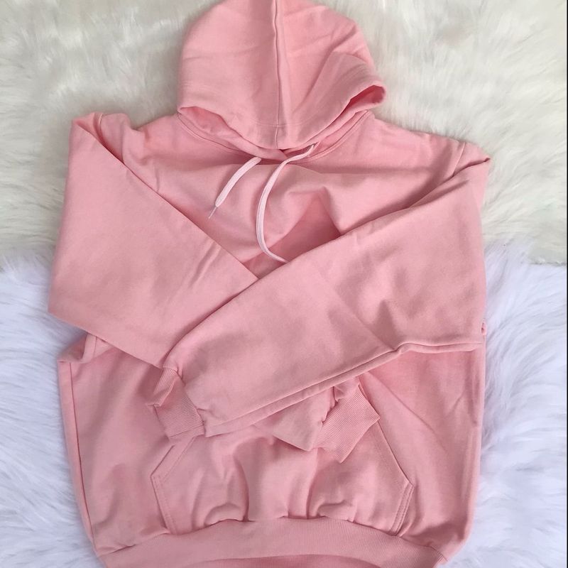 Moletom Flanelado Rosa Bolso Canguru Touca Blusa Lisa Casaco