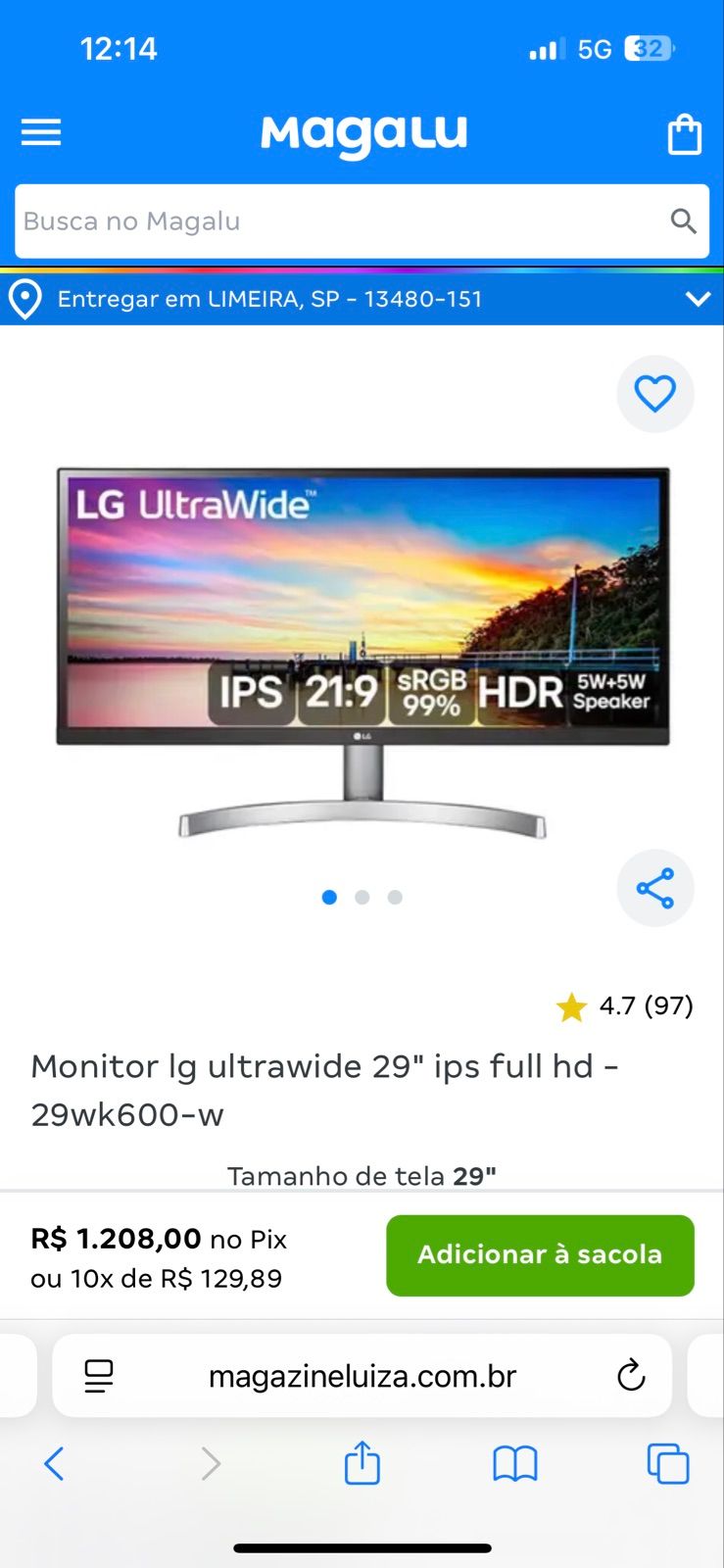 Monitor 29 Polegadas Lg Ultrawade | Item Info & Eletro Lg Nunca Usado ...
