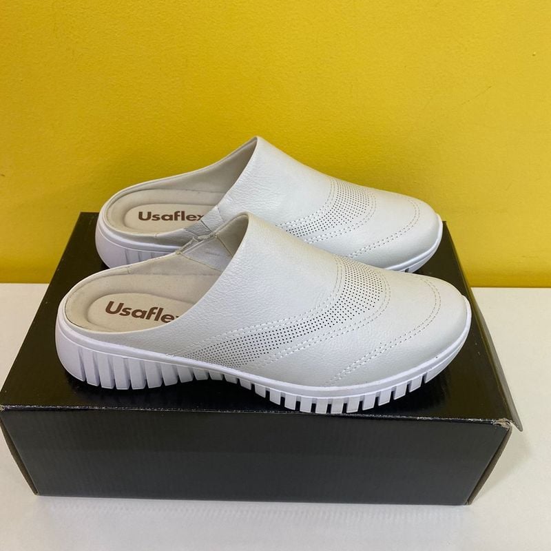 Mule Couro Branco-Ae2232-Usaflex Sapatilha Feminina Usaflex