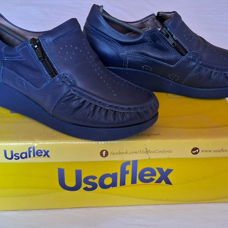 Novo! Sapato 35 Usaflex Azul Marinho com Zíper Novo, Na Caixa  Couro Legítimo e Sapato Feminino Usaflex Nunca Usado 96487142