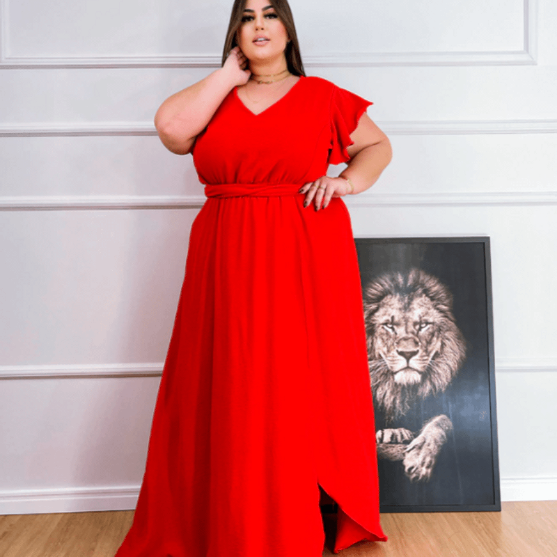 Novo Vestido Longo Plus Size Vermelho Tamanho 54 Toda Plus