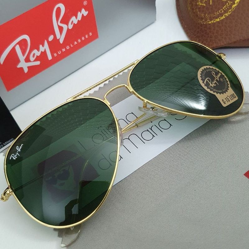 culos de Sol Ray Ban Aviador Dourado Lente Verde em Cristal