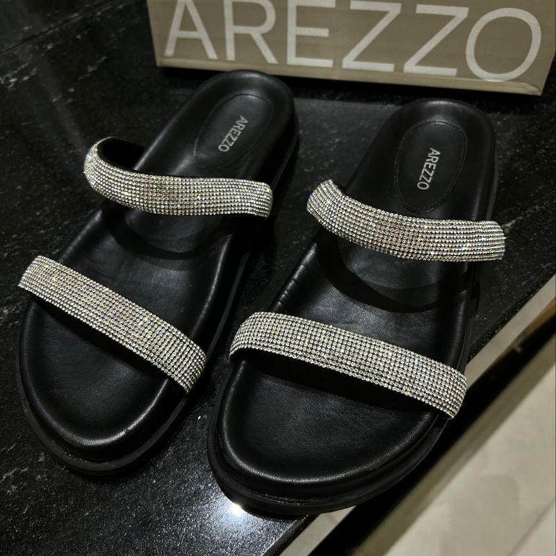 Papete Arezzo Tiras Strass Preta 35 Rasteira Feminina Arezzo