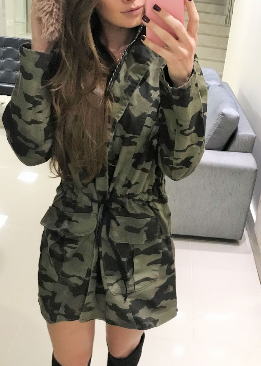 parka militar camuflada feminina