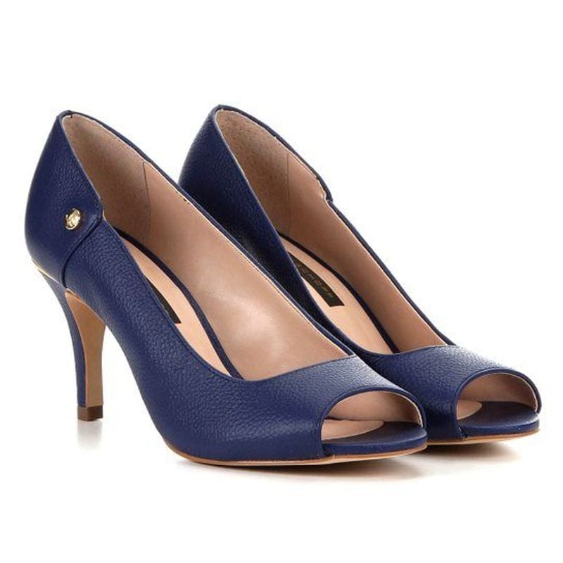 Peep Toe Couro Jorge Bischoff Salto Fino Azul Marinho Sapato