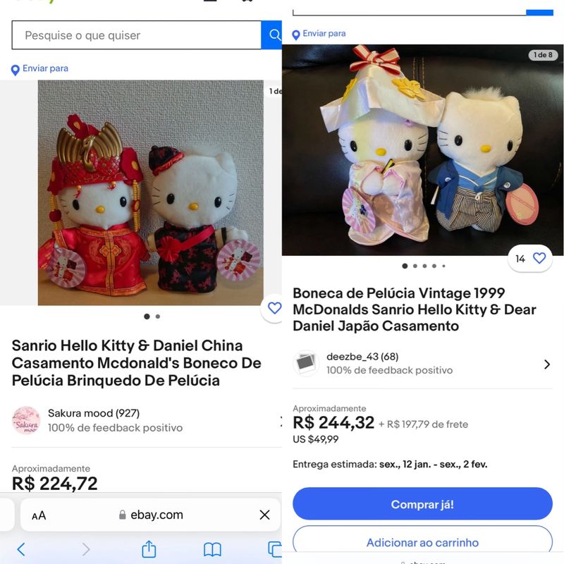 Pelúcias Vintage 1999 Mcdonalds Sanrio Hello Kitty &Amp; Dear