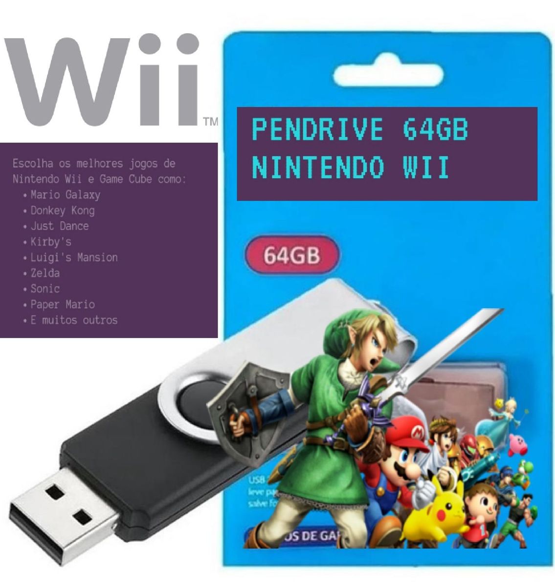 Pendrive 64gb com Jogos para Nintendo Wii | Nintendo Nunca Usado