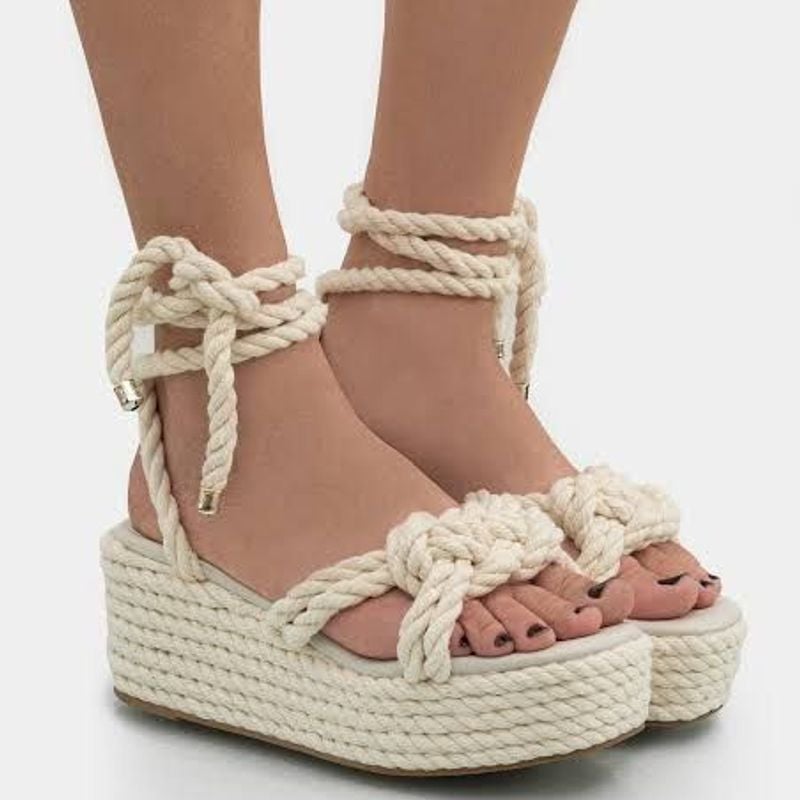 Plataforma Anabela Corda Cru Amarração Sandália Feminina Sonho