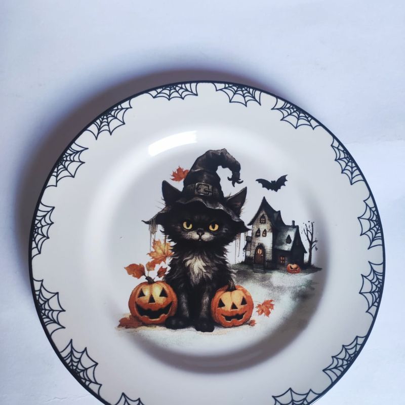 Jogo de Pratos Raso e Sobremesa Gato Preto Halloween 12un no Shoptime