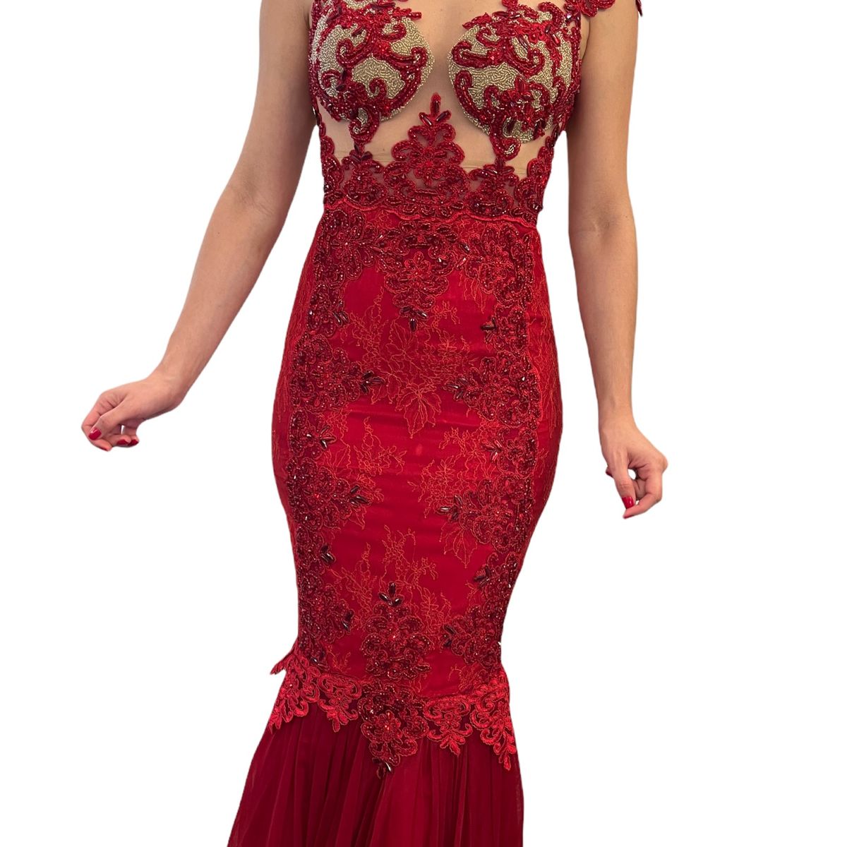 Vestido longo vermelho com 2024 pedraria