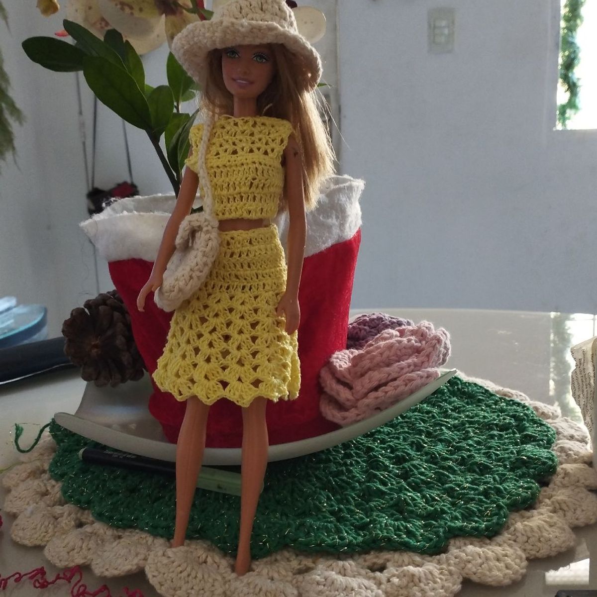 Roupa Barbie Moda Crochê Vestido + Chapéu + Bolsa [ Kit ]