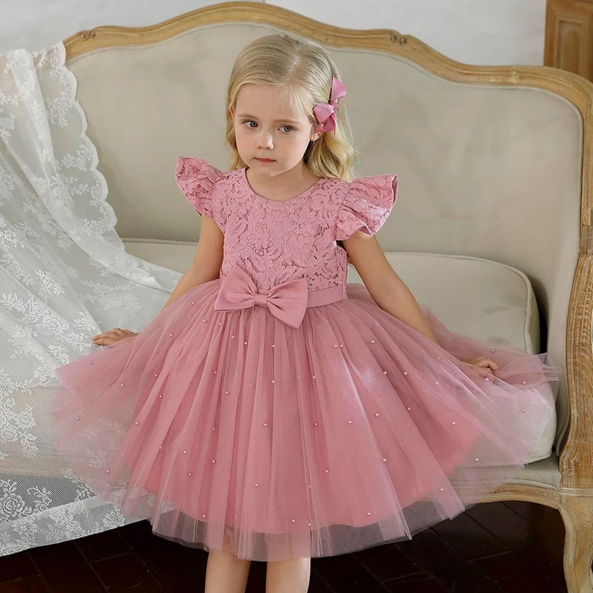 Vestido Infantil Vermelho Realeza Renda Princesa Luxo Festa - Rosa