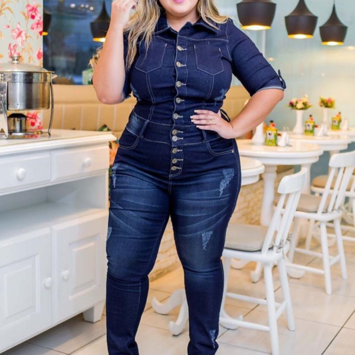 Macacão jeans longo plus size fashion