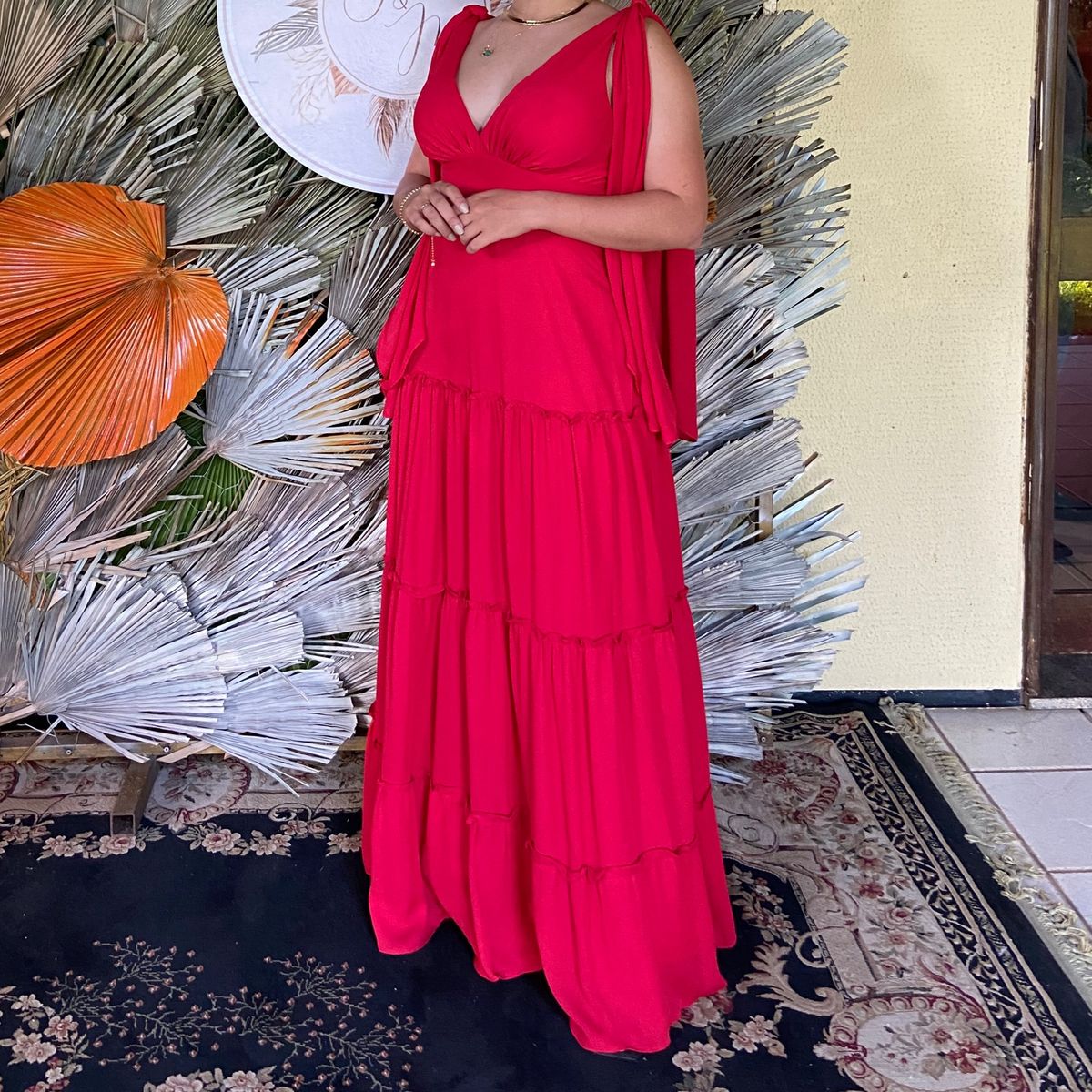 Red Chiffon Ruffle Layer Maxi Dress