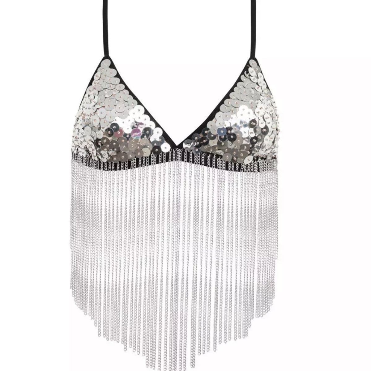 Silver Sequin Tassel Trim Crop Top