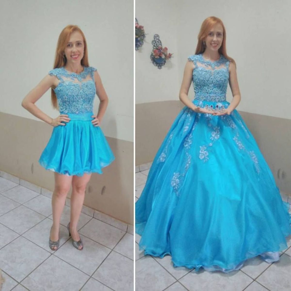 vestido de debutante 2 em 1 azul