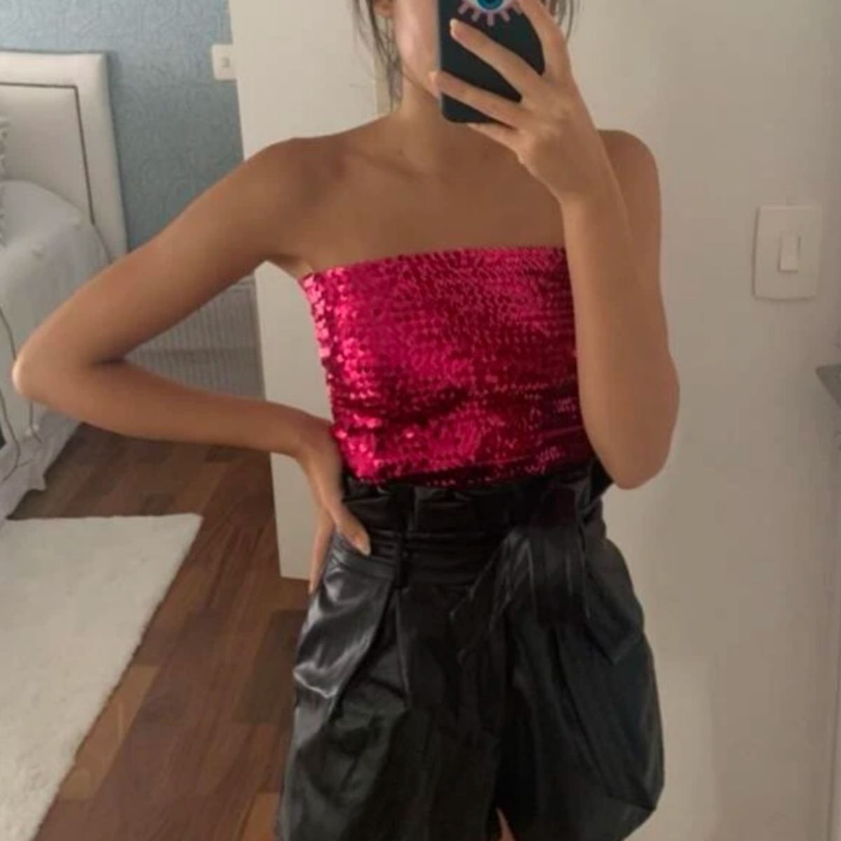 Blusa Cropped Corset de Alça com Recortes em Strass Preto