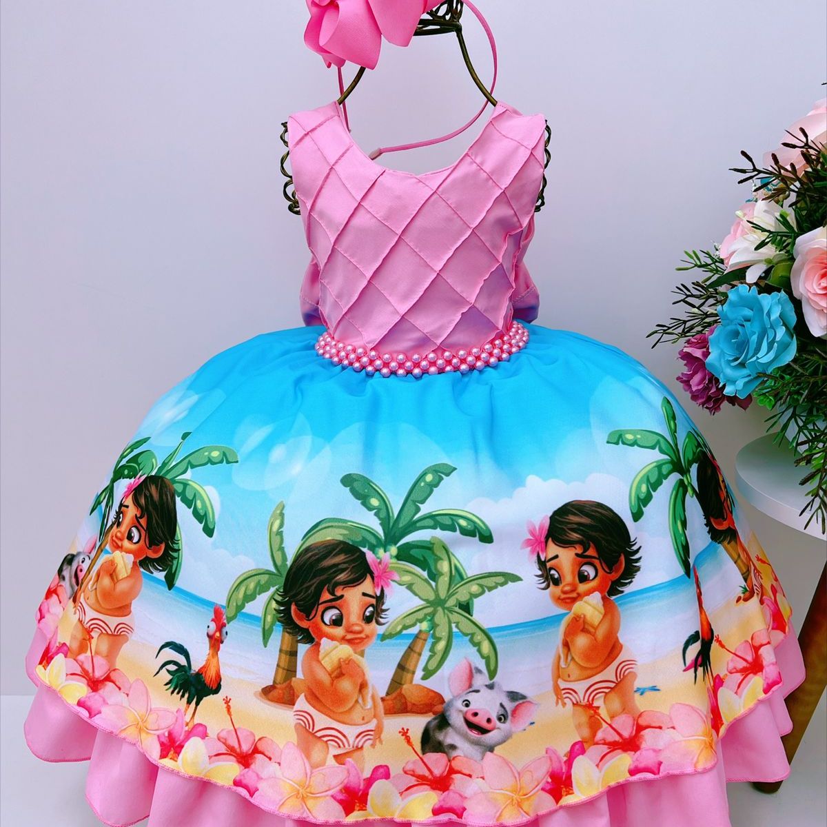 Vestido Infantil Moana Baby Floral Rosa Temático Aniversário - Tio